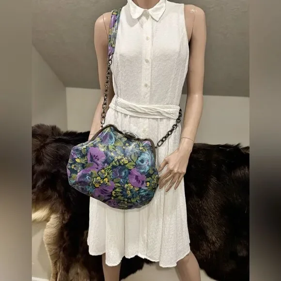 Original Design! Cowhide Leather Floral Print Handmade Metal Frame Slouchy Bag - Picture 7 of 16